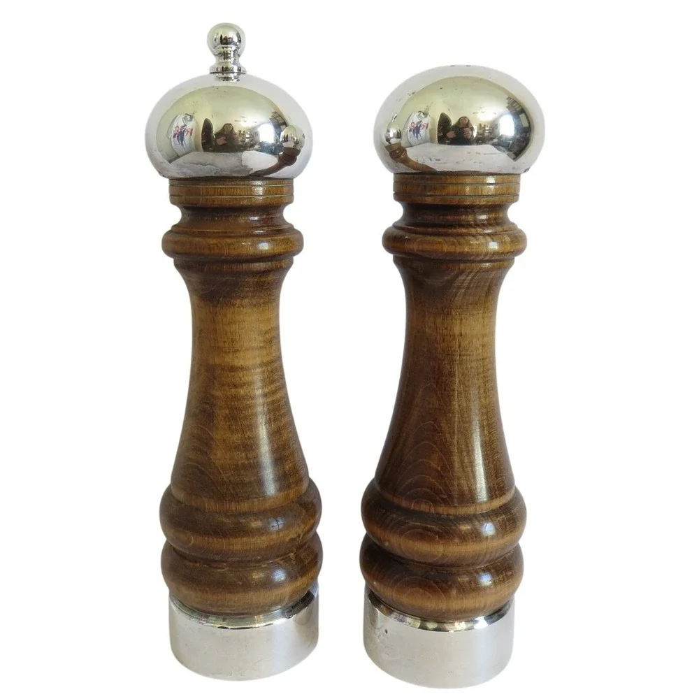 Vintage Borel Tall Sterling Silver Wood Pepper Mill Salt Shaker Set French Maker